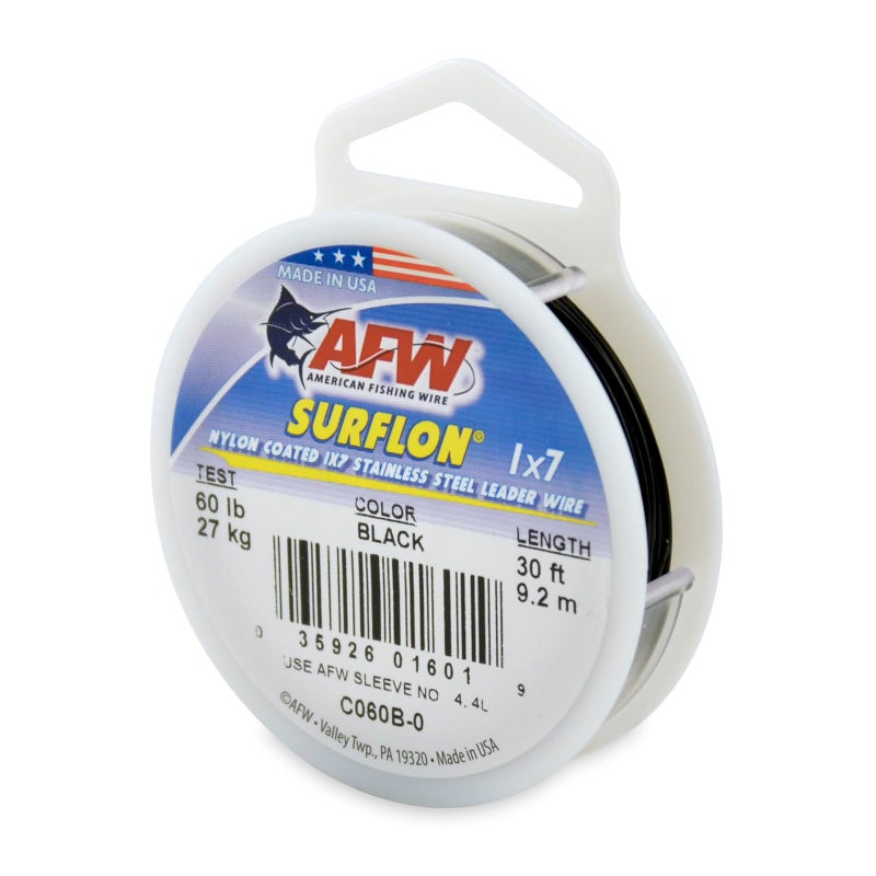 AFW American Fishing Wire Surflon, Nylon Coated 1x7 Stainless Steel Leader Wire, 60 lb Test, .032" Diameter, Black, 30 ft - Image 1